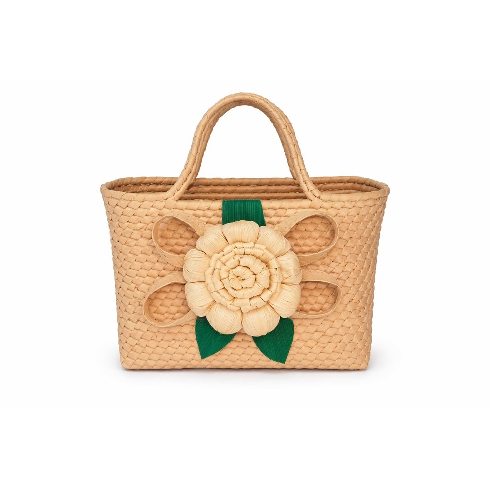 Vintage Woven Straw Handbag Mini Basket Purse Floral Applique Top Handle